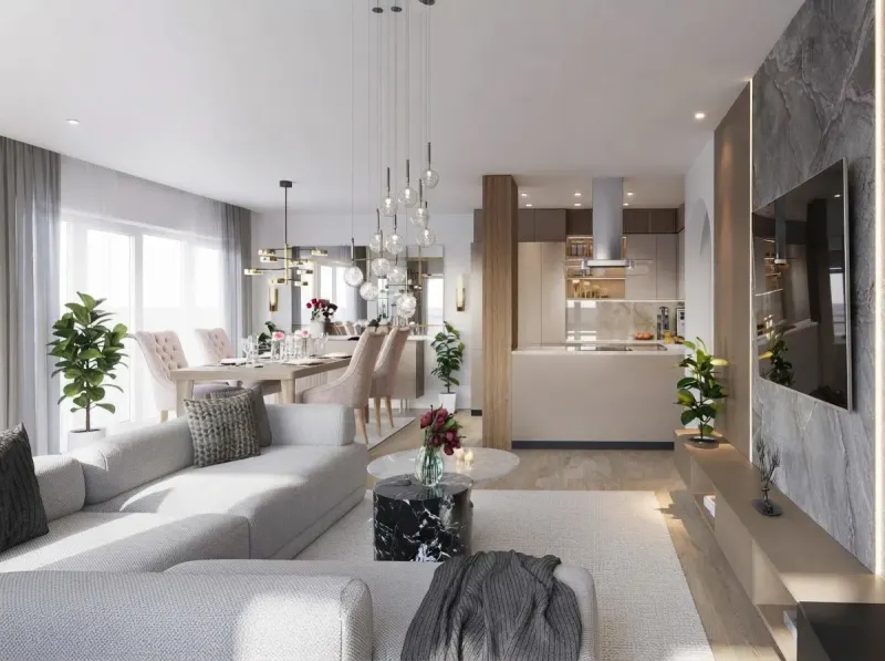 Living Room designed with MeltFlex AI: Grey Sofa Contemporary Open Plan