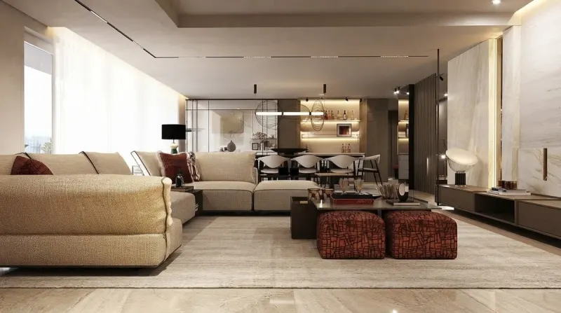 Living Room designed with MeltFlex AI: Grey Stone Floor Rooftop Apartment