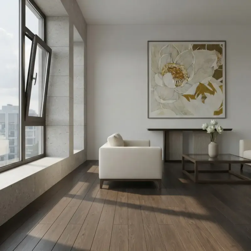 Living Room designed with MeltFlex AI: Bright Harbour-View Living Room