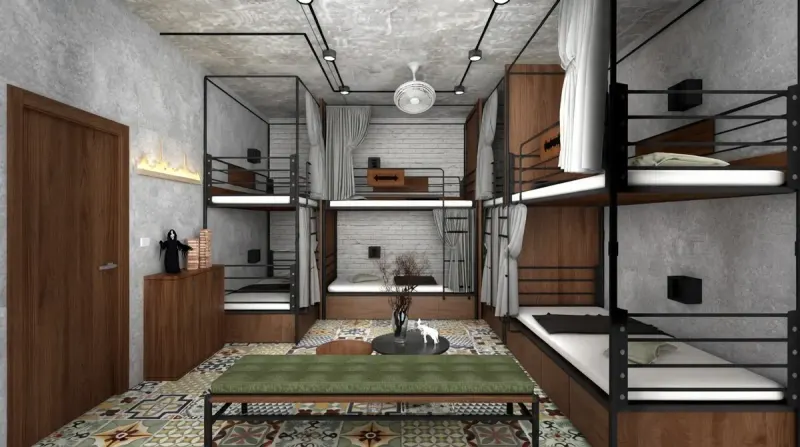 Dorm Room designed with MeltFlex AI: Industrial Bunk Dorm Patterned Tiles