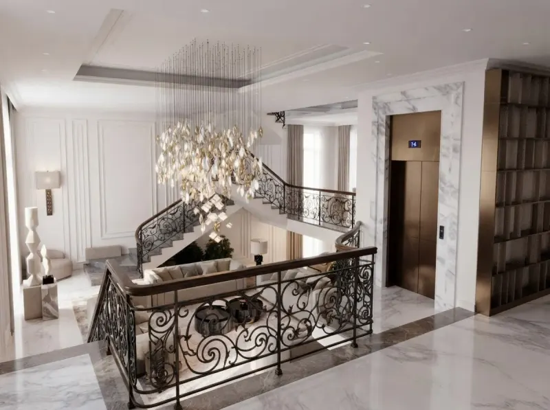 Living Room designed with MeltFlex AI: Iron Staircase Living Hall