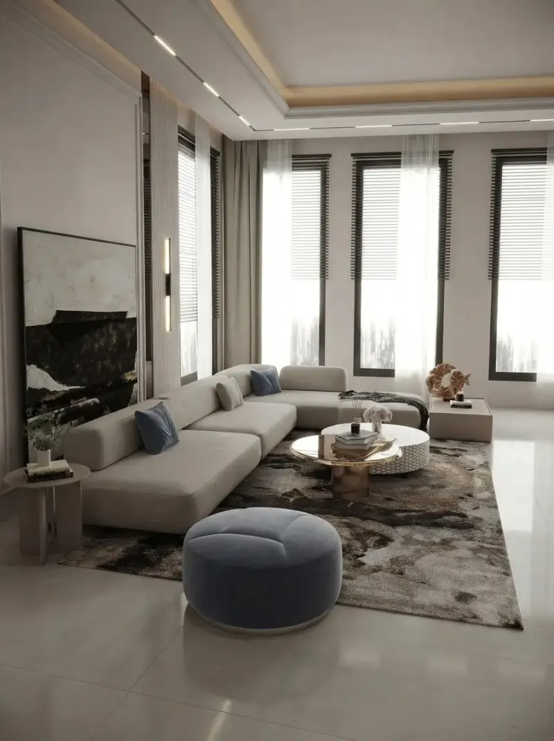 Living Room designed with MeltFlex AI: Ivory Classic Living with Tall Windows