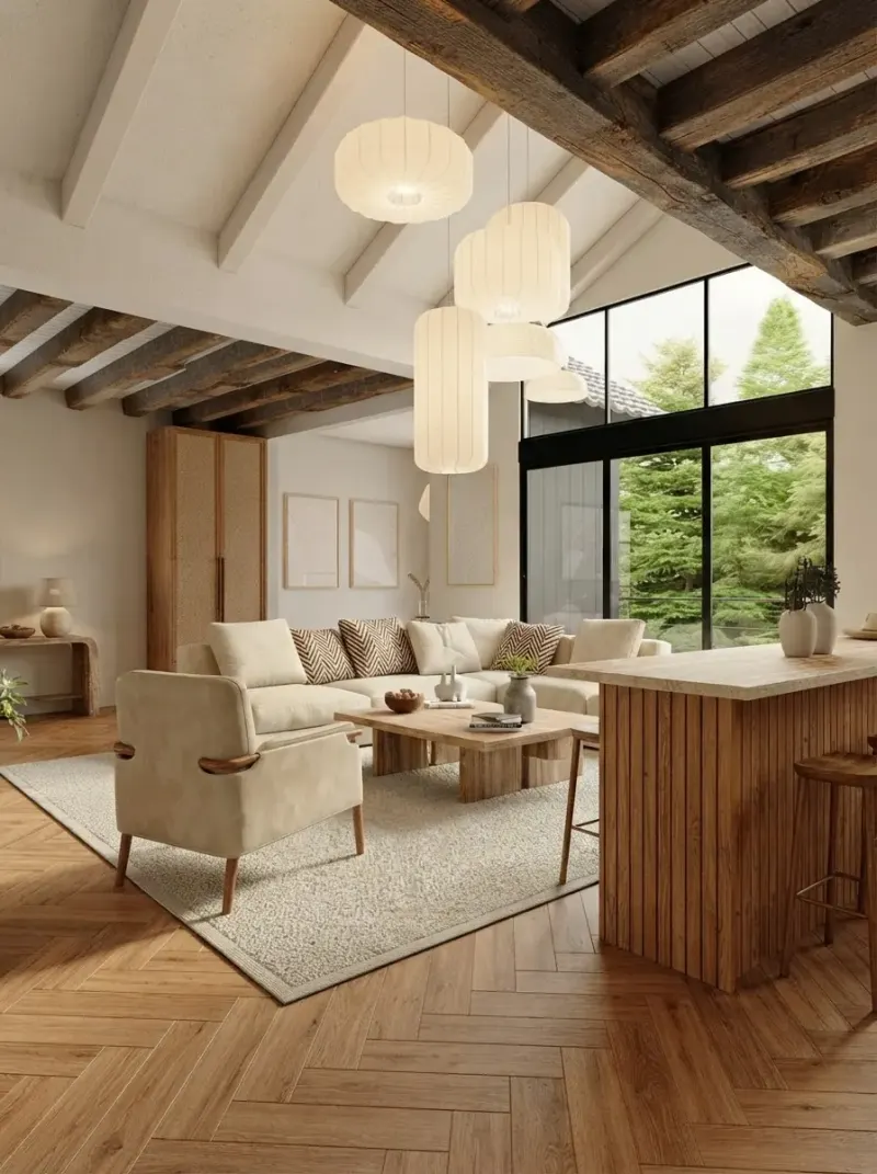Living Room designed with MeltFlex AI: Japandi Vaulted Living Room