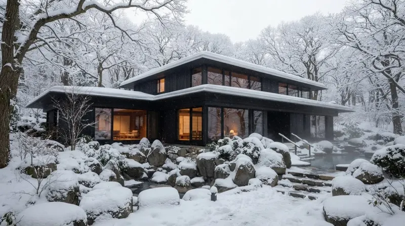 Japanese Water House In Snow, an interior designed with MeltFlex AI