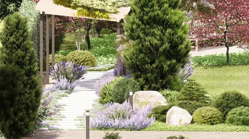 Garden designed with MeltFlex AI: Lavender Path Vine Pergola Garden
