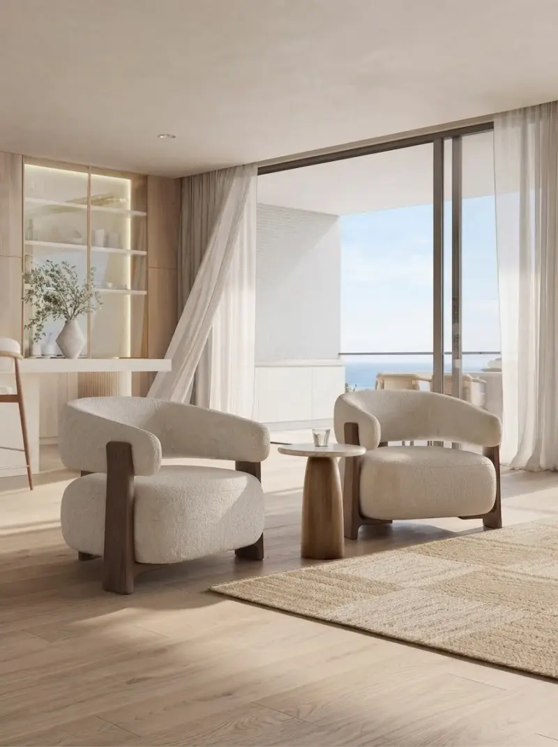 Living Room designed with MeltFlex AI: Sea View Living Room, Sheer Curtains