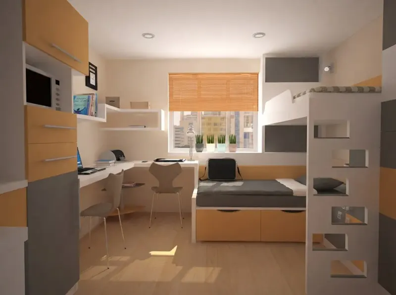 Dorm Room designed with MeltFlex AI: Lofted Bed Dorm L-Desk