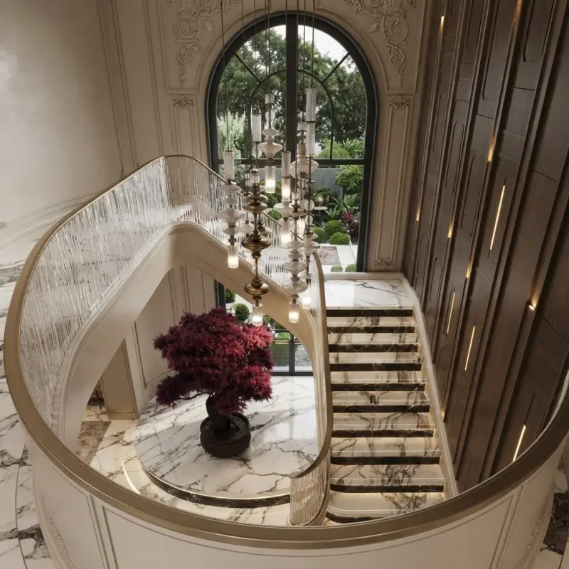 Stairs designed with MeltFlex AI: Marble Staircase with Red Bonsai