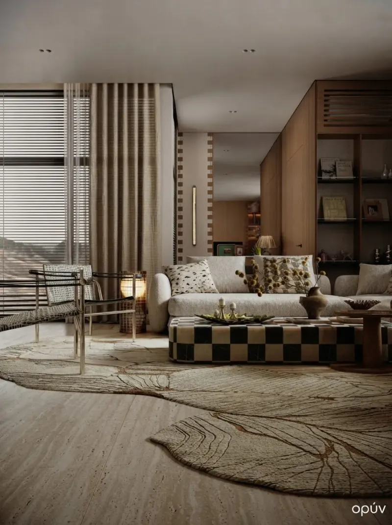 Living Room designed with MeltFlex AI: Marble Island Travertine Living