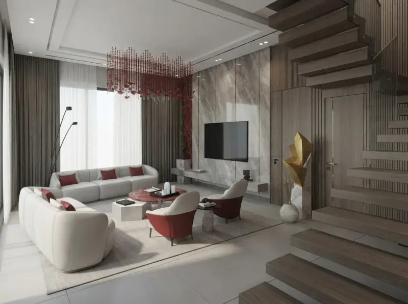 Living Room designed with MeltFlex AI: Marble & Staircase Living Room