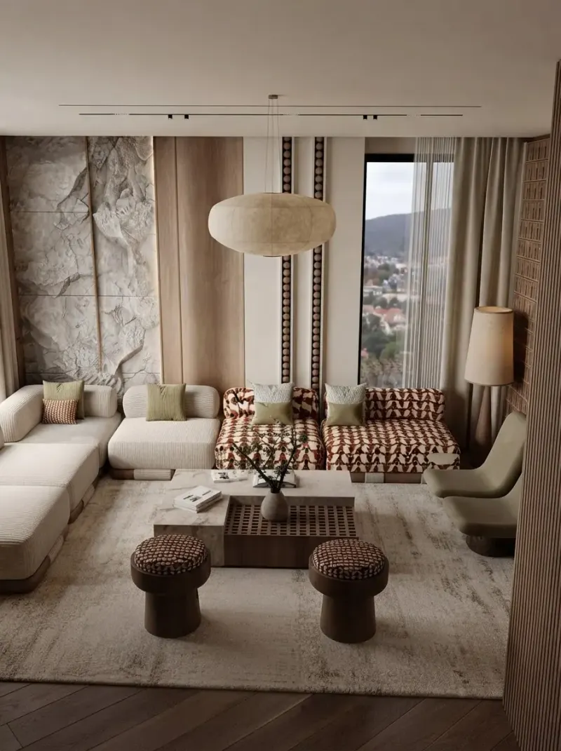 Living Room designed with MeltFlex AI: Marble TV Wall Family Lounge