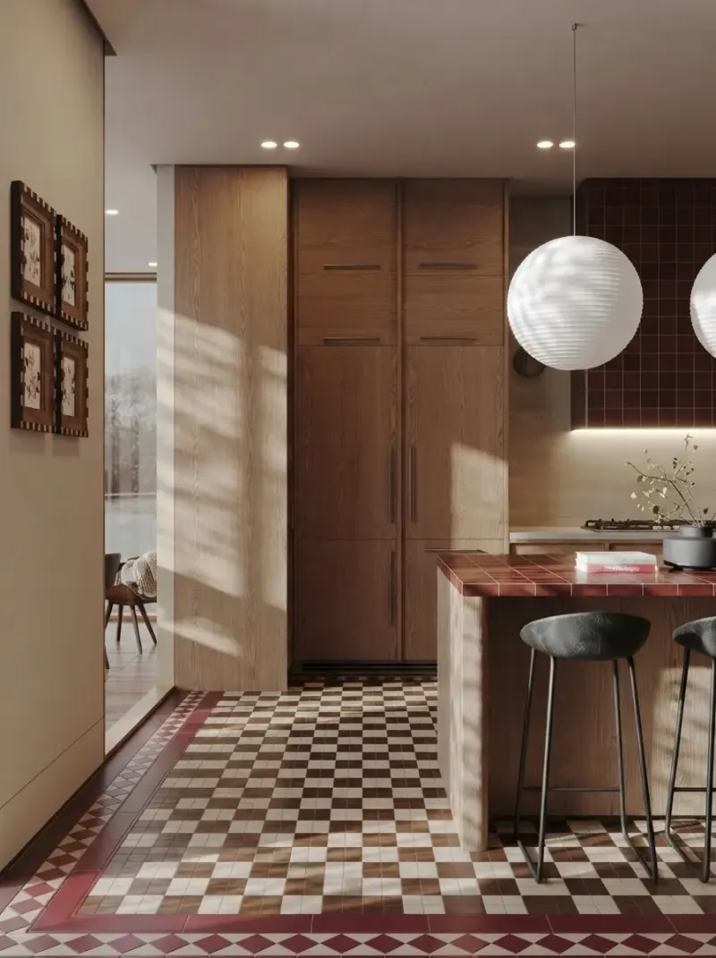 Kitchen designed with MeltFlex AI: Maroon Tile Retro Kitchen