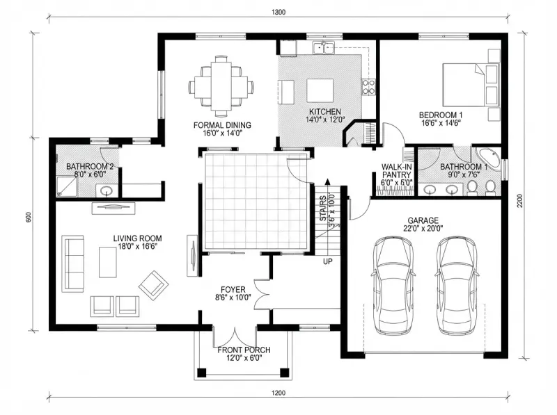 Floor Plan designed with MeltFlex AI: Mediterranean Courtyard Plan