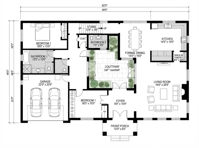 Floor Plan designed with MeltFlex AI: Courtyard Plan, Formal Dining Layout
