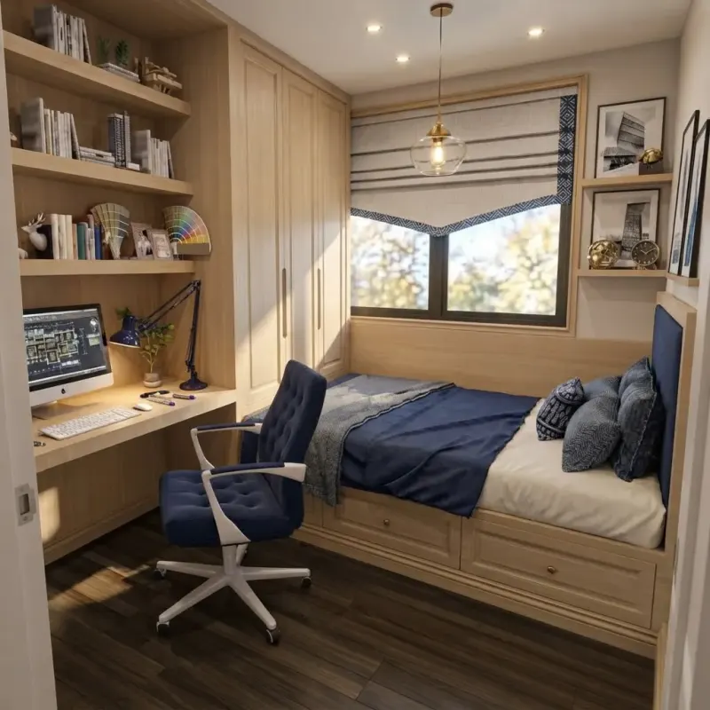 Dorm Room designed with MeltFlex AI: Navy Study Dorm Oak Shelving