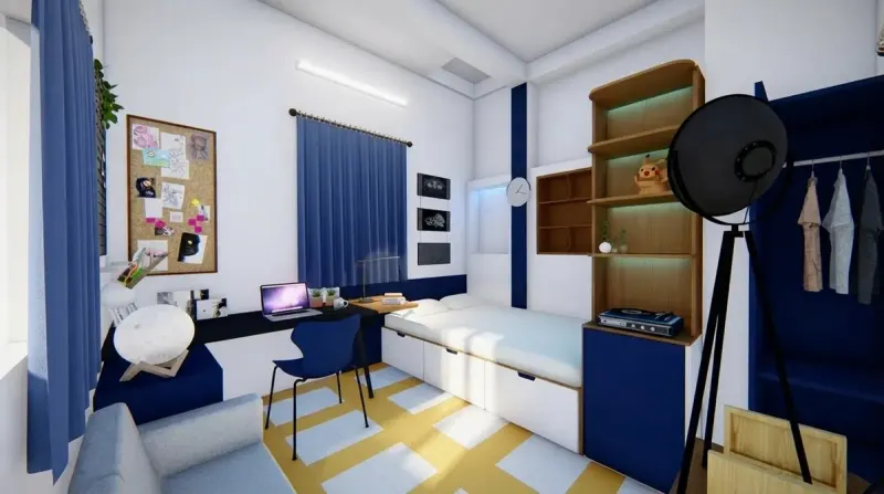 Dorm Room designed with MeltFlex AI: Navy White Dorm Yellow Floor