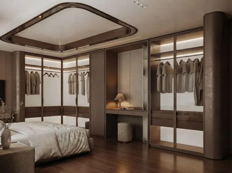 Closet designed with MeltFlex AI: Oak Glass Door Vanity Wardrobe