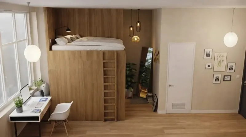 Dorm Room designed with MeltFlex AI: Oak Loft Bed Dorm Desk Below