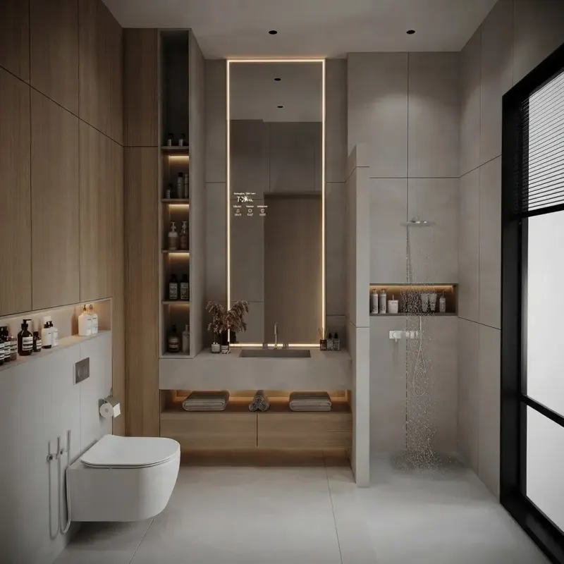Bathroom designed with MeltFlex AI: Oak And Microcement Rain Shower