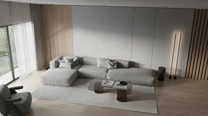 Living Room designed with MeltFlex AI: Oak Slat Living with a Grey Sofa