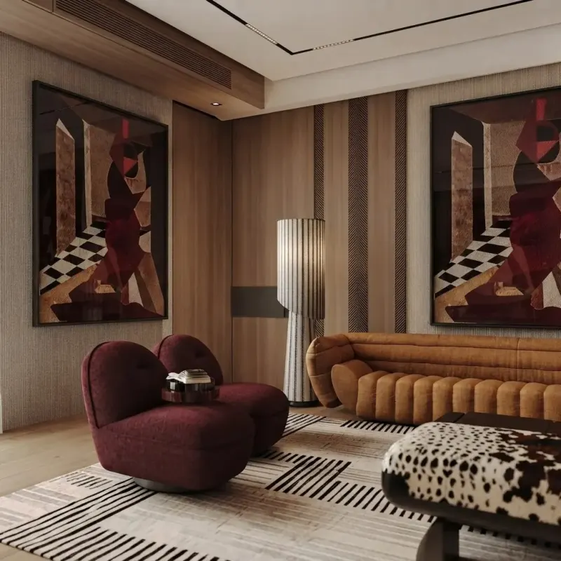 Living Room designed with MeltFlex AI: Ochre Sofa Art Deco Living