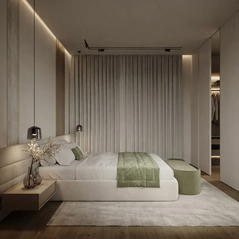 Bedroom designed with MeltFlex AI: Olive Boucle Fireplace Bedroom