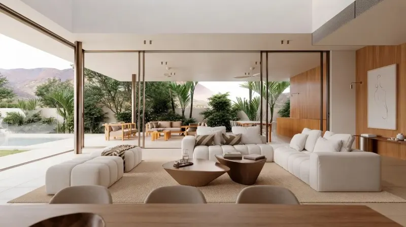 Living Room designed with MeltFlex AI: Open Villa Living with Garden View