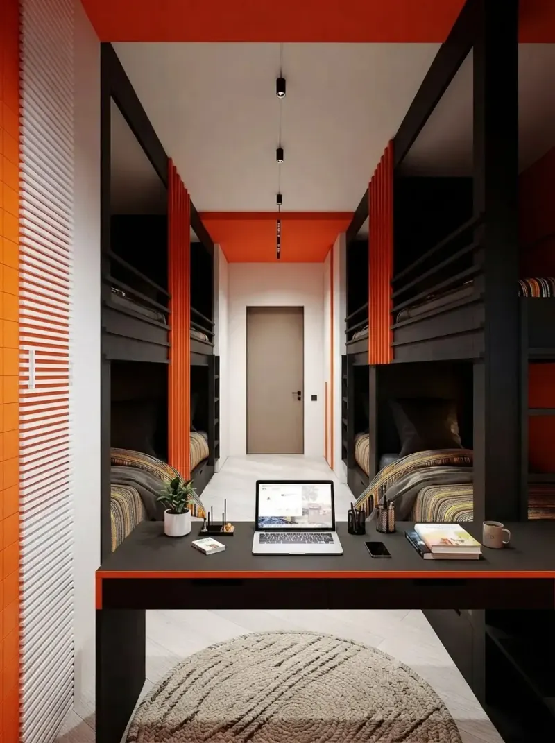 Dorm Room designed with MeltFlex AI: Orange Loft Bunk Dorm Corridor