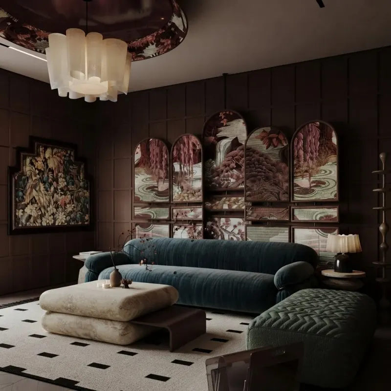 Living Room designed with MeltFlex AI: Salon Wall in a Dark Room