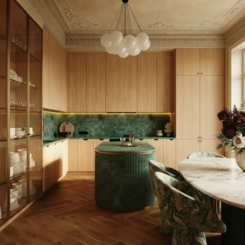 Kitchen designed with MeltFlex AI: Parisian Green Marble Kitchen