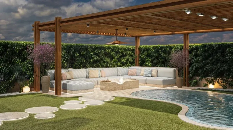 Garden designed with MeltFlex AI: Pergola Pool Backyard