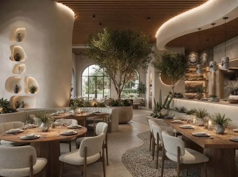 Restaurant designed with MeltFlex AI: Plaster Arch Olive Restaurant