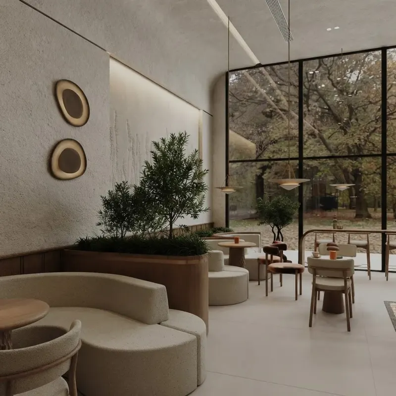 Restaurant designed with MeltFlex AI: Floating Plaster Canopy Coffee Shop