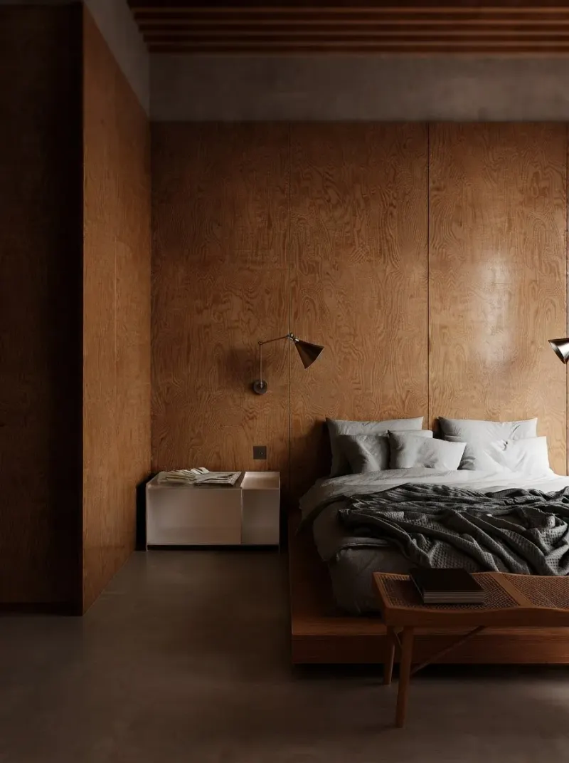 Bedroom designed with MeltFlex AI: Plywood Platform Bed Bedroom