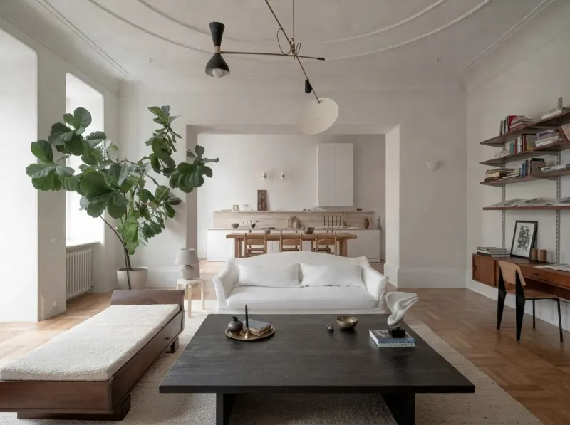 Living Room designed with MeltFlex AI: Red Armchairs, White Apartment
