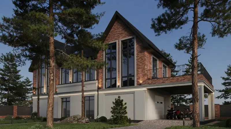 Exterior designed with MeltFlex AI: Red Brick Gable Country House