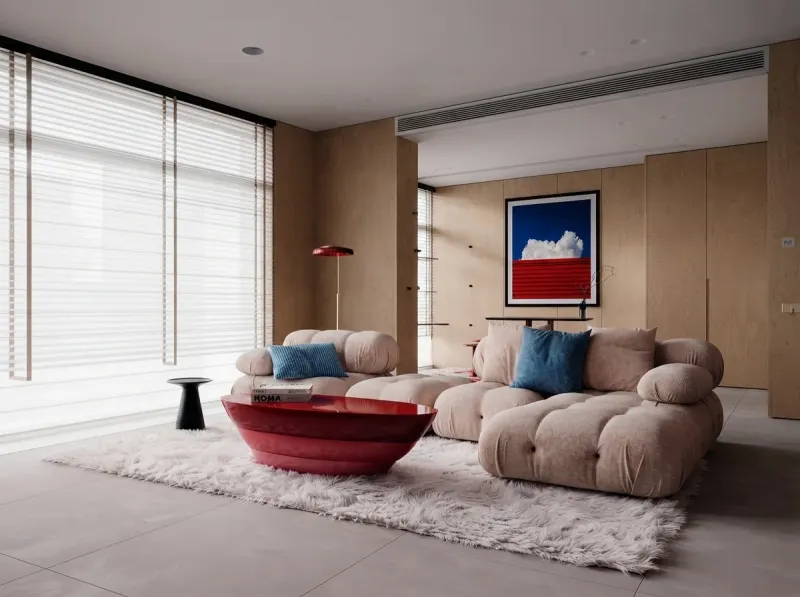 Living Room designed with MeltFlex AI: One Big Print, Timber Walls