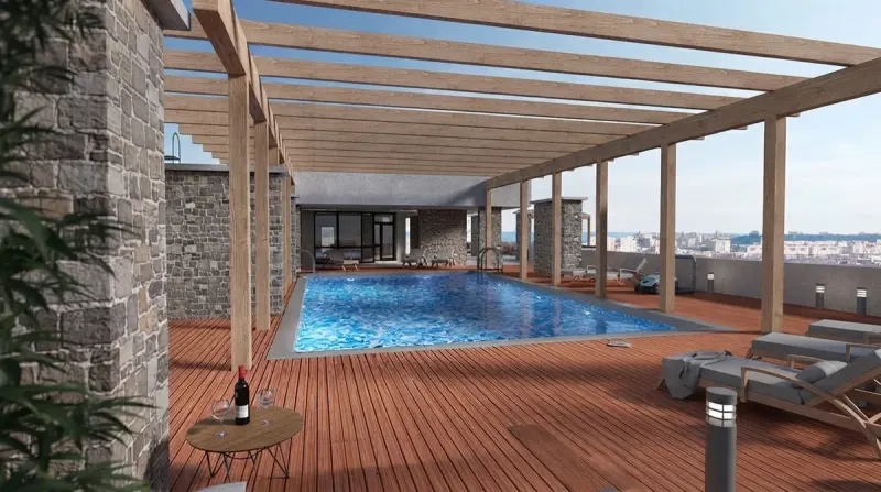 Rooftop Pergola Mosaic Pool, an interior designed with MeltFlex AI