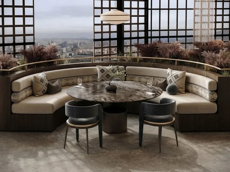 Restaurant designed with MeltFlex AI: Round Booth, Stone Bar
