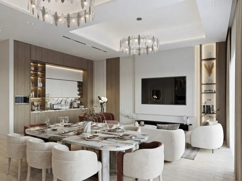 Dining Room designed with MeltFlex AI: Round Marble Family Dining
