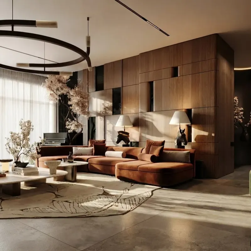 Living Room designed with MeltFlex AI: Rust Curved Sofa Open Living