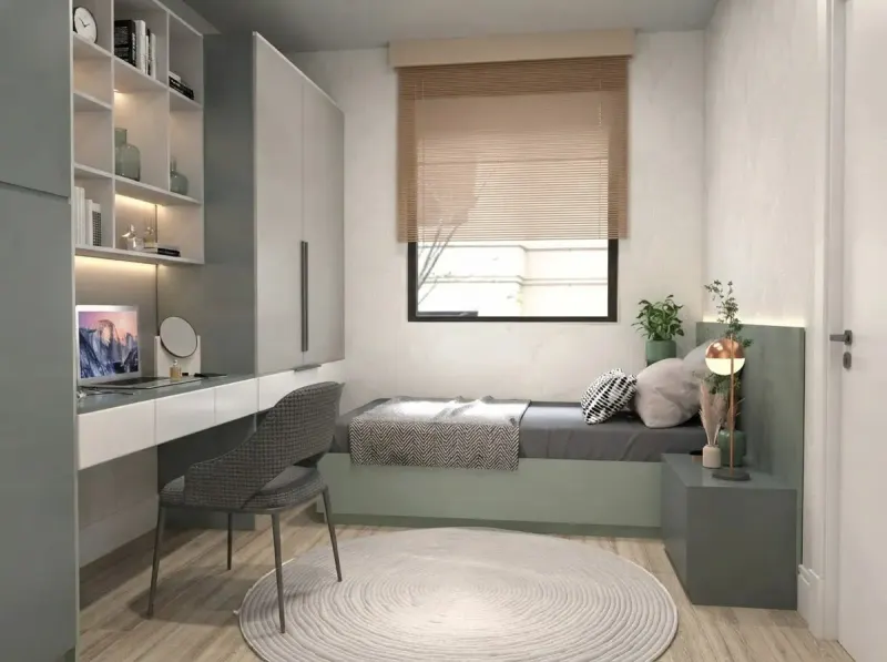 Dorm Room designed with MeltFlex AI: Sage Green Single Dorm Desk Wall