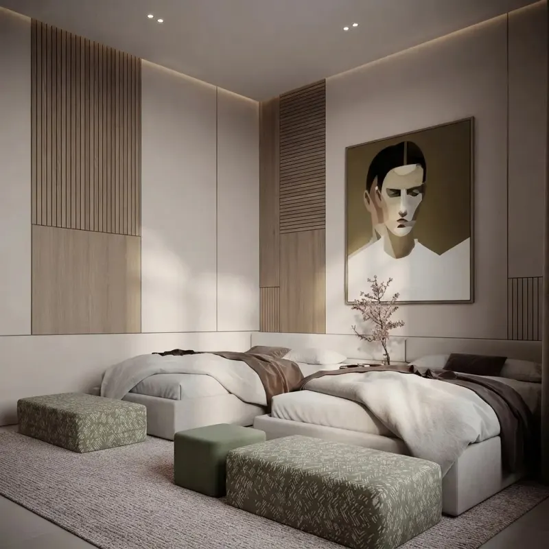 Bedroom designed with MeltFlex AI: Sage Twin Beds Portrait Bedroom