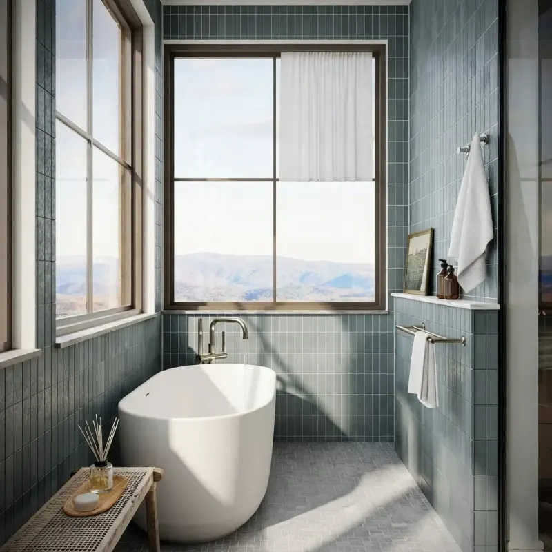 Bathroom designed with MeltFlex AI: Sage Zellige Mountain Bathroom
