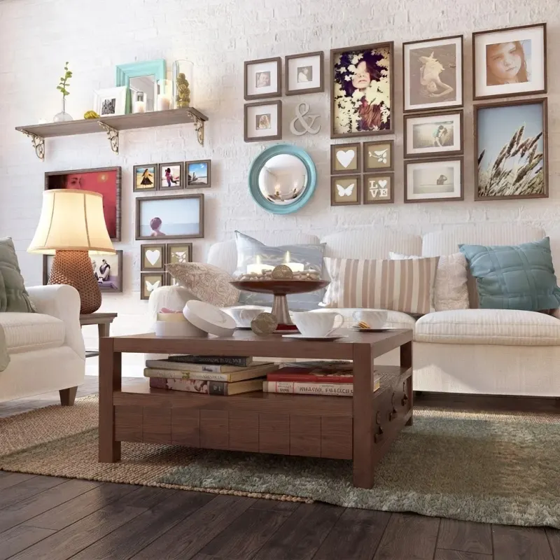 Living Room designed with MeltFlex AI: Scandi Plank Floor Gallery Wall Living
