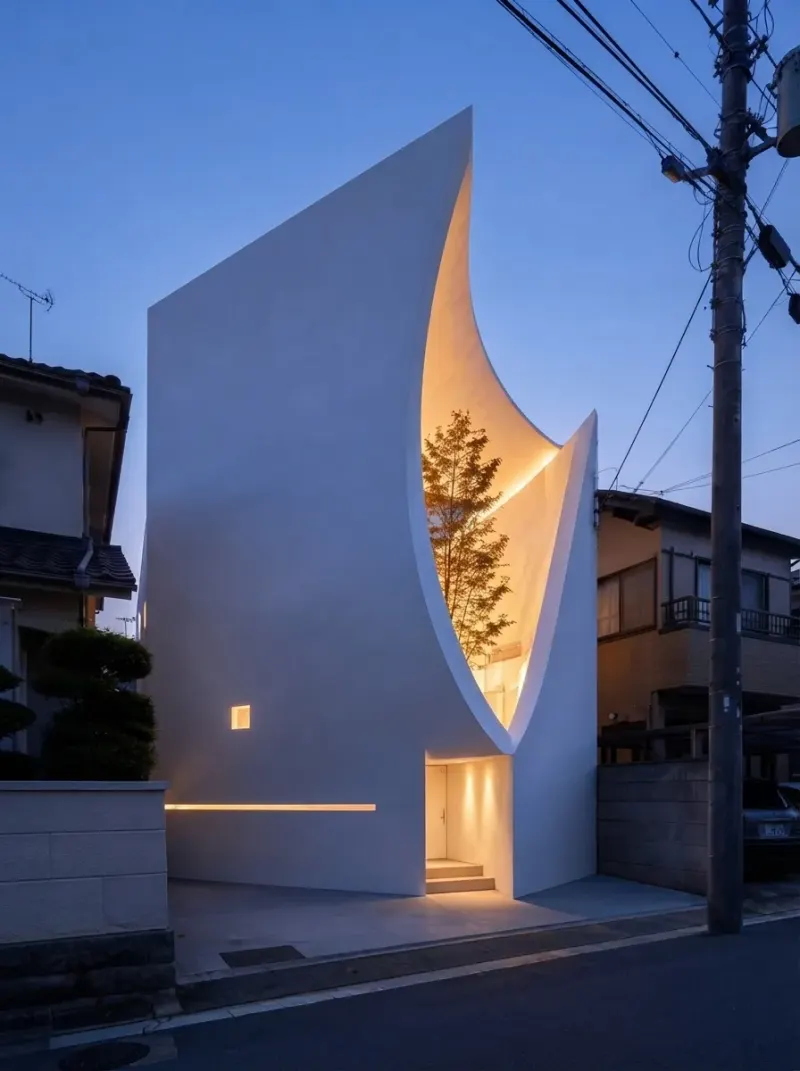 Exterior designed with MeltFlex AI: Sculptural White Townhouse