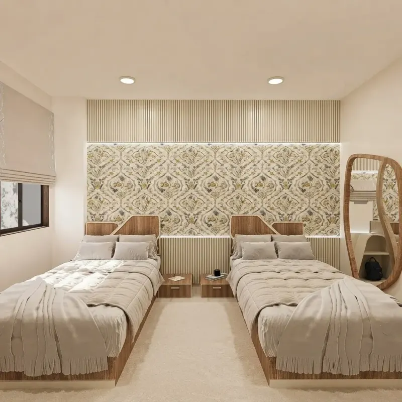 Dorm Room designed with MeltFlex AI: Shared Oak Dorm Twin Beds