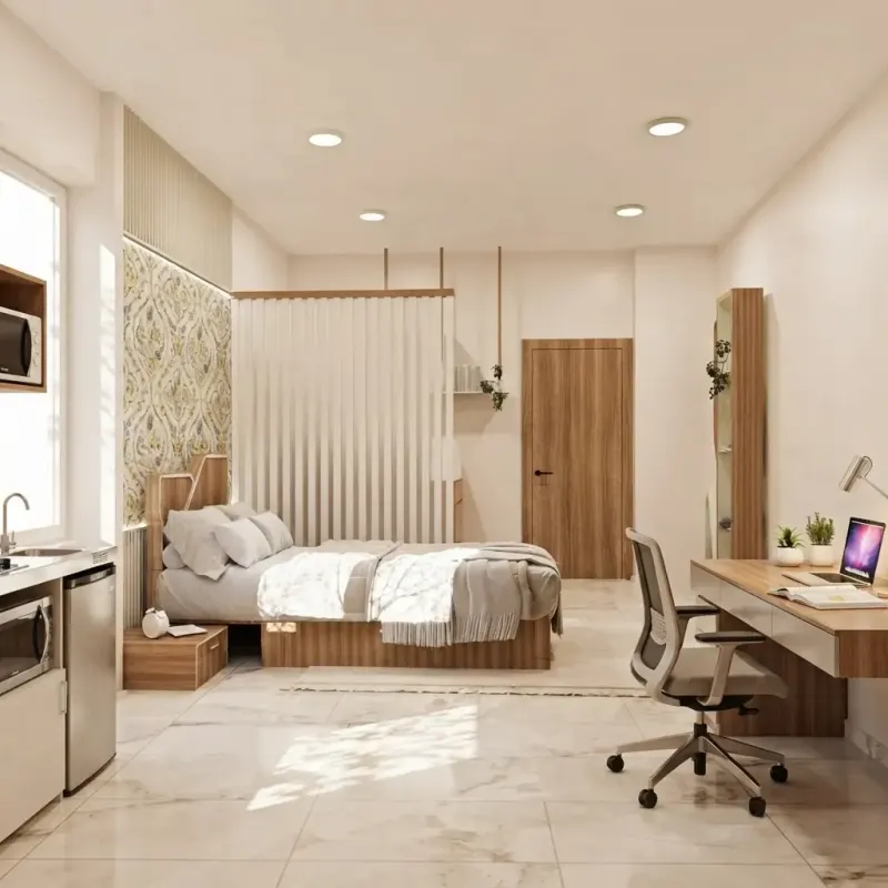 Dorm Room designed with MeltFlex AI: Shared Oak Dorm Privacy Screen