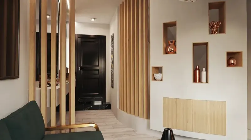 Slatted Wood Attic Hallway, an interior designed with MeltFlex AI