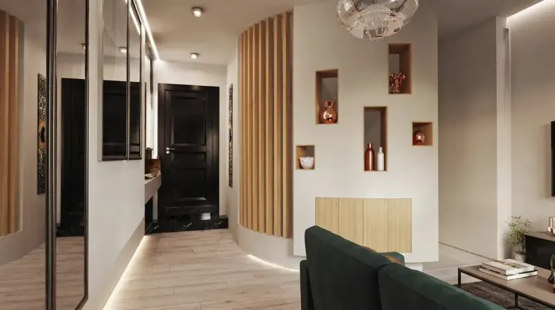 Hallway designed with MeltFlex AI: Slatted Wood Attic Hallway
